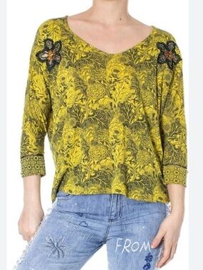 Desigual Yellow Knit Top with Navy Floral Print